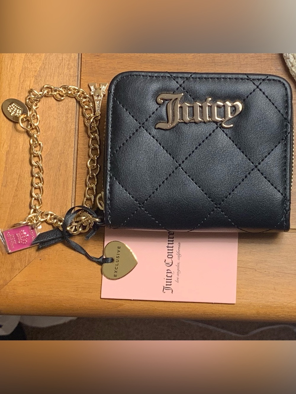 Juicy Couture Black Quilted Wallet with Gold Chain Charm Bracelet and Logo